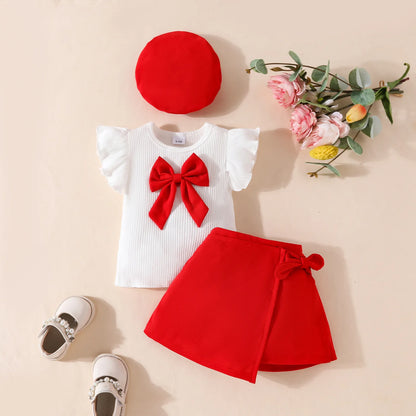 Baby Girls Clothes New Year Set 0-3Y Long Sleeve Big Bow Top Irregular Skirt and Beret 3Pcs Toddler Christmas Clothes