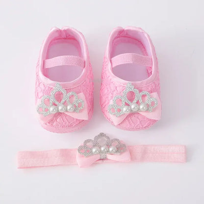 Spring Infant Baby Girl Shoes Newborn Lace Flowers Headband Anti-Slip Soft Sole First Walkers Toddler Kids Cotton Baptism Shoes