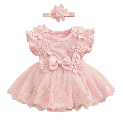 Baby Girls' Floral Romper & Headband Set | Ruffle Details & Mesh Skirt | Birthdays, Portraits & Celebrations