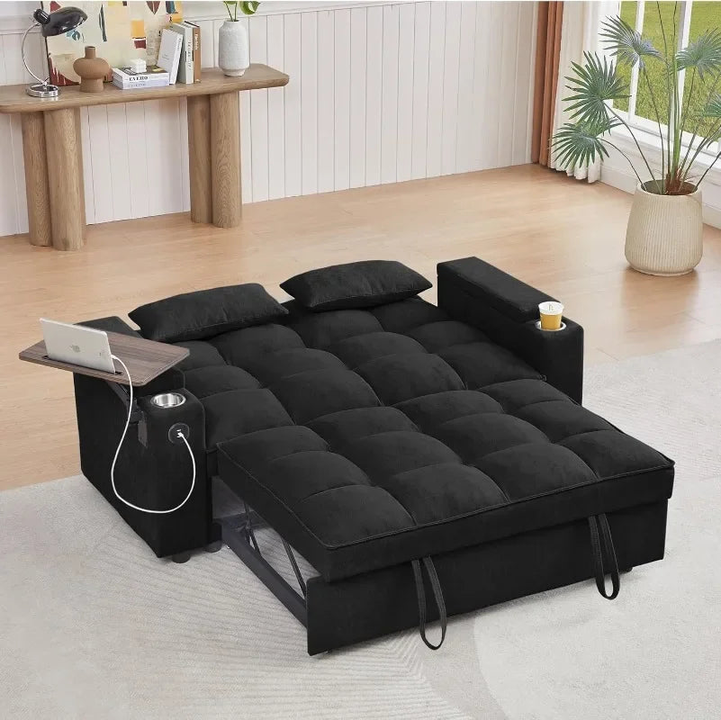 hansones 65'' 3-in-1 Folding Convertible Sofa Bed, Pullout Sofa, Modern Chenille Fabric, 360° Swivel Side Table, Easy Assembly,