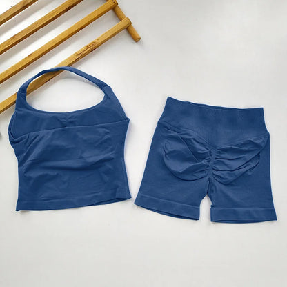 VEQKING Seamless 2pcs Women Yoga Sets Open Back Longline Sports Halter Bras Running Tank Tops Scrunch Butt Gym Workourt Shorts