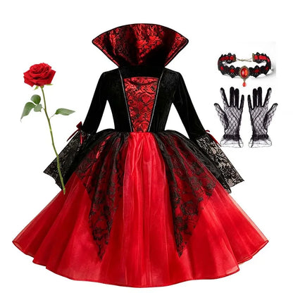 Kids Girls Cosplay Gothic Dark Ghost Bride Witch Vampire Halloween Costume Red Black Tutu Dress Wig Veil Kits Trick or Treat