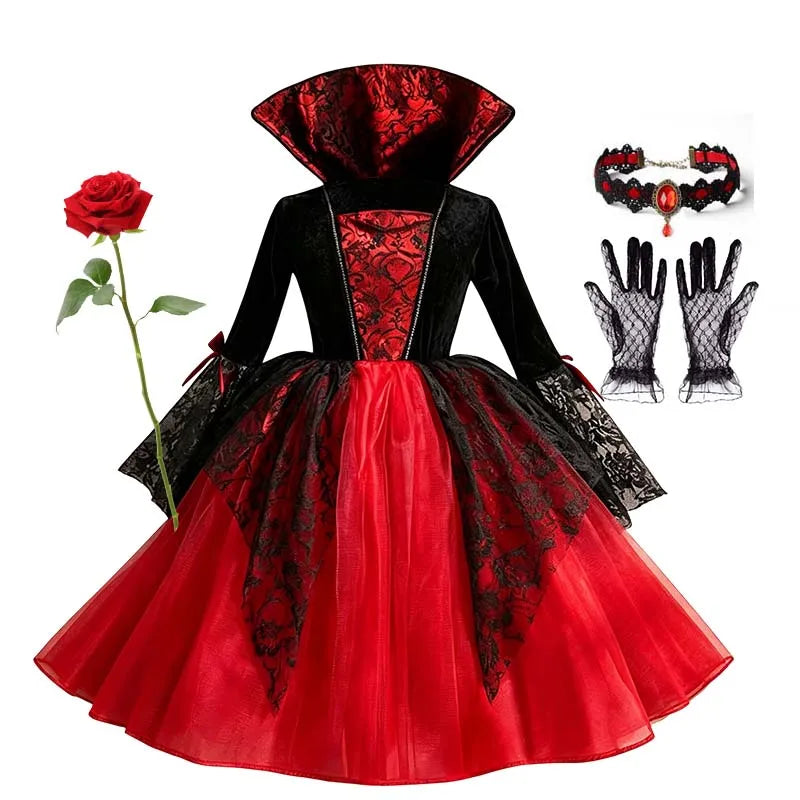 Kids Girls Cosplay Gothic Dark Ghost Bride Witch Vampire Halloween Costume Red Black Tutu Dress Wig Veil Kits Trick or Treat
