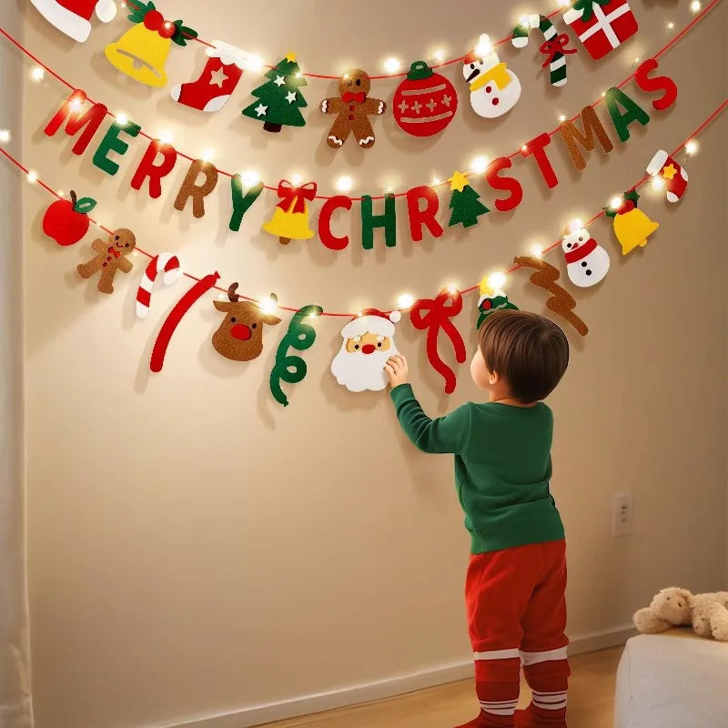 DIY Handmade Pull Flag Banner with LED Light String Merry Christmas Holiday Ornaments Home Room Background Christmas Decoration