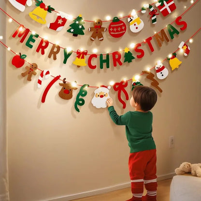 DIY Handmade Pull Flag Banner with LED Light String Merry Christmas Holiday Ornaments Home Room Background Christmas Decoration