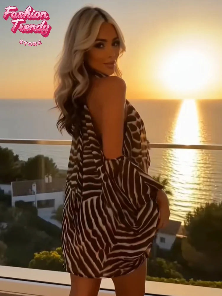 Y2k Mixed Leopard Zebra Two Piece Set Tie Halter Cut Out Shoulder Flared Sleeve Top High Cut Bodycon Shorts Sets Night Out Suit