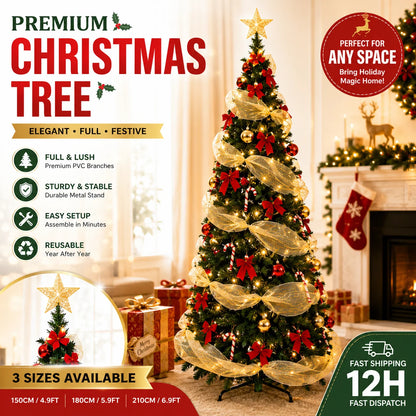 Artificial Christmas Tree with Lights Red Gold Decorations PVC Xmas Tree Easy Assembly 150/180/210cm Holiday Home Decor