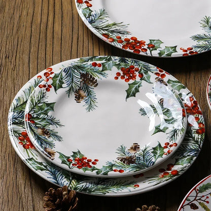 Christmas Ceramic Dinner Plate Set Household Underglaze Flat Round Dim Sum Decorative  Sushi