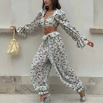 Fashion Long-sleeved Sexy Waist-baring Trousers 2-piece Set Women's Summer New Casual Simple Printed Shirt Trousers Suit Female