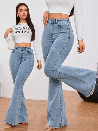 Tall Women's Micro Flare Frayed Edge Jeans, Fashionable Simple Style, Casual Loose-Fitting Solid Pattern, All Seasons Wear