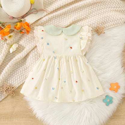 Summer Toddler Dress Cute Doll Collar Flower Embroidered Bow Princess Dress for Baby Girl 0-2 Years Old