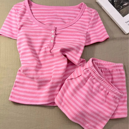Pink Striped Short Sleeve T-shirt Shorts Set Woman Buttons Slim Tees+Elastic Straight Short Pant Cotton Home Pajama 2 Piece Sets
