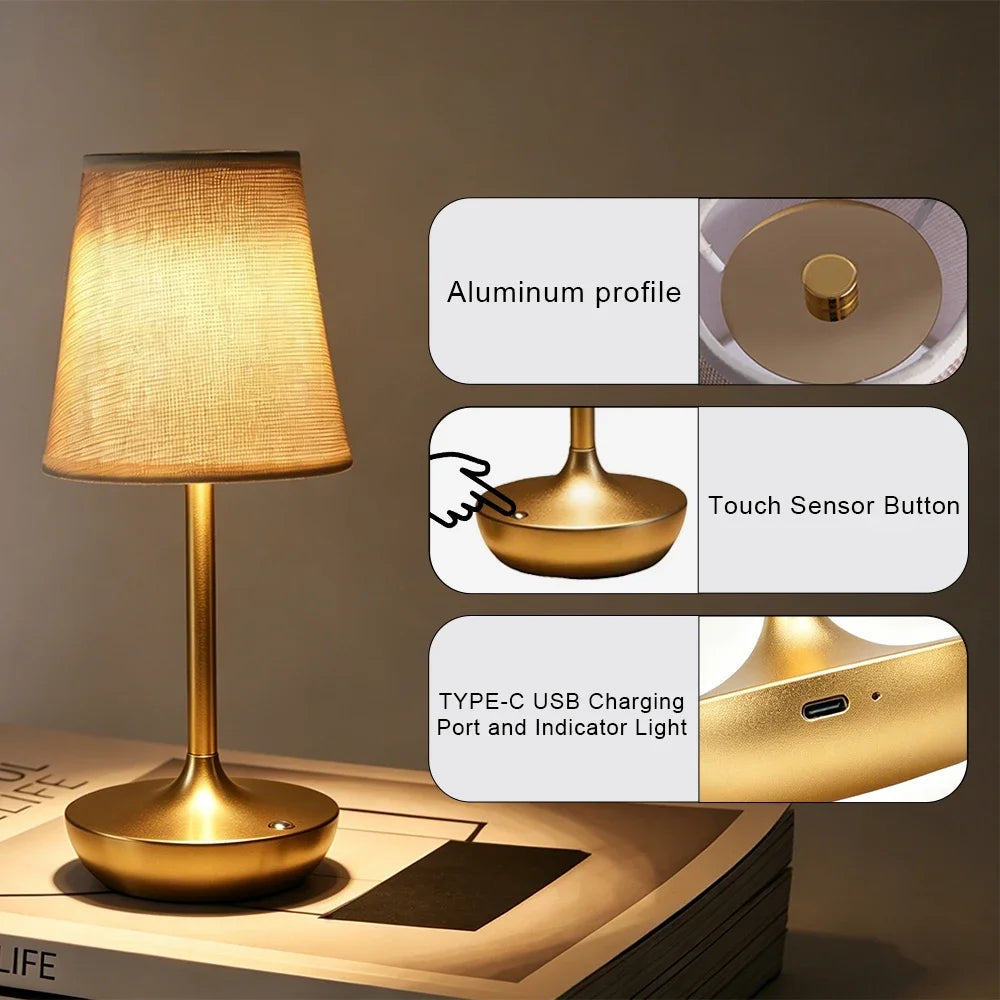 GGbingo Rechargeable LED Table Lamps Classic Desk Lamp Dimmable USB Fabric Lampshade Bedroom Bedside Desk Light Decoration