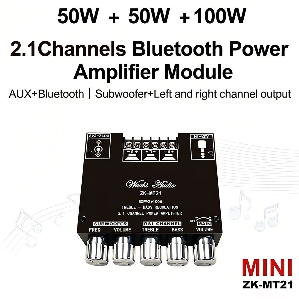 MT21 2.1 Channel Bluetooth 5.0 Audio Amplifier Board 100W Subwoofer 50W*2 L/R Stereo Amp Module Bass Treble Control AUX Input DC12-24V for Home Speaker DIY