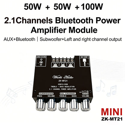 MT21 2.1 Channel Bluetooth 5.0 Audio Amplifier Board 100W Subwoofer 50W*2 L/R Stereo Amp Module Bass Treble Control AUX Input DC12-24V for Home Speaker DIY