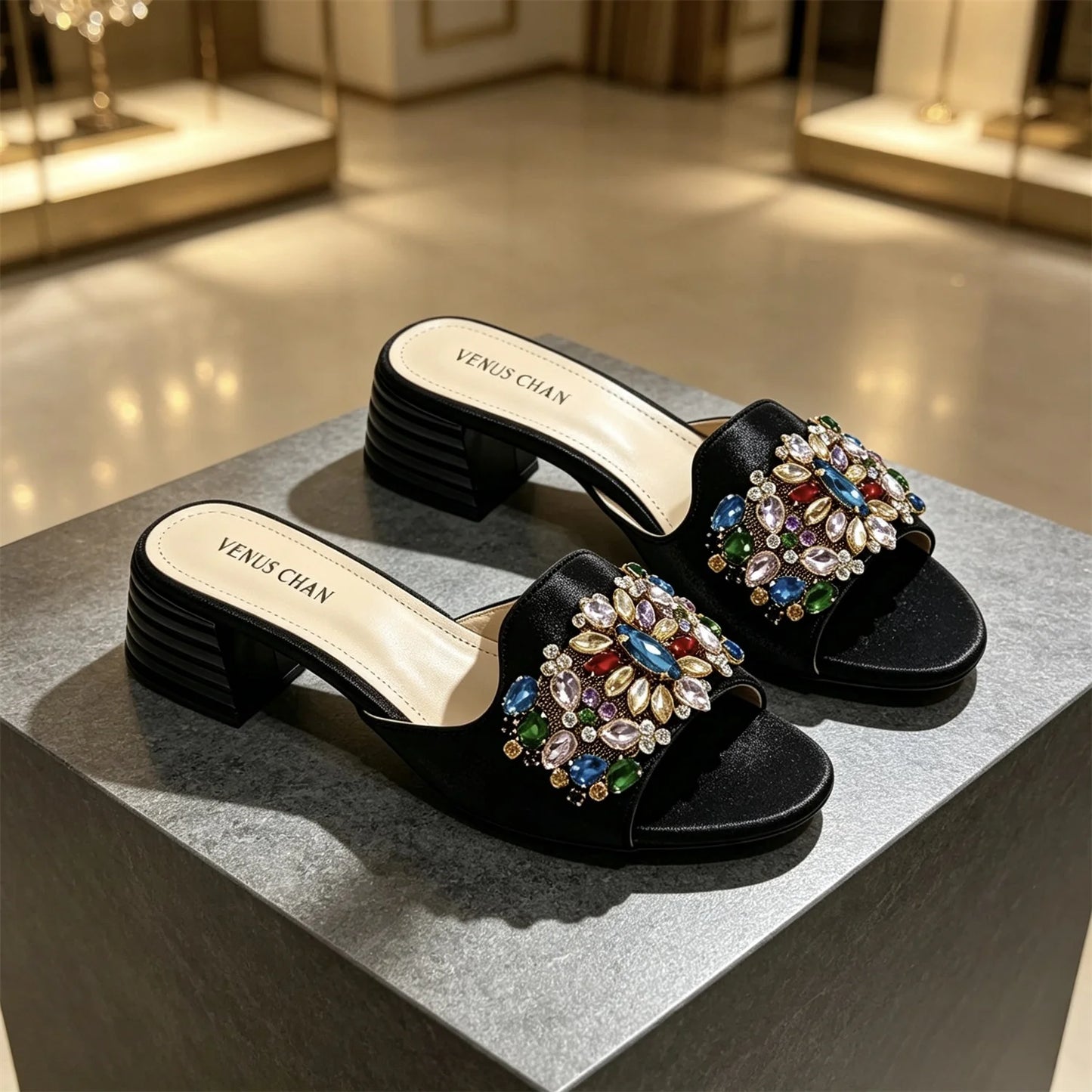 Women's Luxury Gold Satin Low Block Heel Mules Sparkly Colorful Gem Rhinestone Jeweled Open Toe Slide Sandals Summer Party Shoes