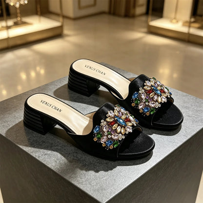 Women's Luxury Gold Satin Low Block Heel Mules Sparkly Colorful Gem Rhinestone Jeweled Open Toe Slide Sandals Summer Party Shoes