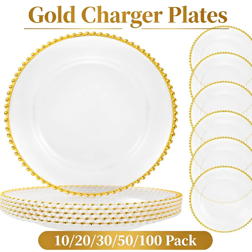 13 Inch Gold Beaded Clear Charger Plates Luxury Set for Wedding Table Dinner Birthday Party Reception Banquet Holiday Home Decor