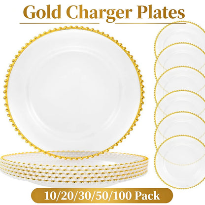 13 Inch Gold Beaded Clear Charger Plates Luxury Set for Wedding Table Dinner Birthday Party Reception Banquet Holiday Home Decor