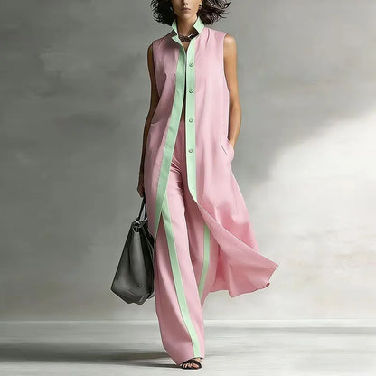 Spring Contrast Sleeveless Vest Suit Woman 2 Pieces Elegant Shirt Collar Button Long Top Wide Leg Pants Sets Summer Outfit Mujer