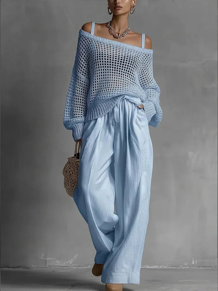 Vintage Women 2 Piece Outfit Off Shoulder Hollow Out Knit Sweater Top Elastic Drawstring Wide Leg Long Pants Casual Matching Set