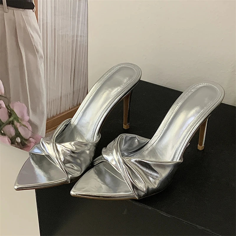 Aneikeh 2026 Summer Pointed Toe Wrinkle Designer Sexy Thin High Heels Woman Slippers Stripper Banquet Prom Slides Ladies Shoes
