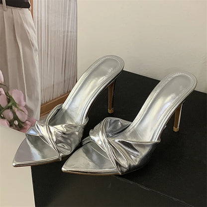 Aneikeh 2026 Summer Pointed Toe Wrinkle Designer Sexy Thin High Heels Woman Slippers Stripper Banquet Prom Slides Ladies Shoes