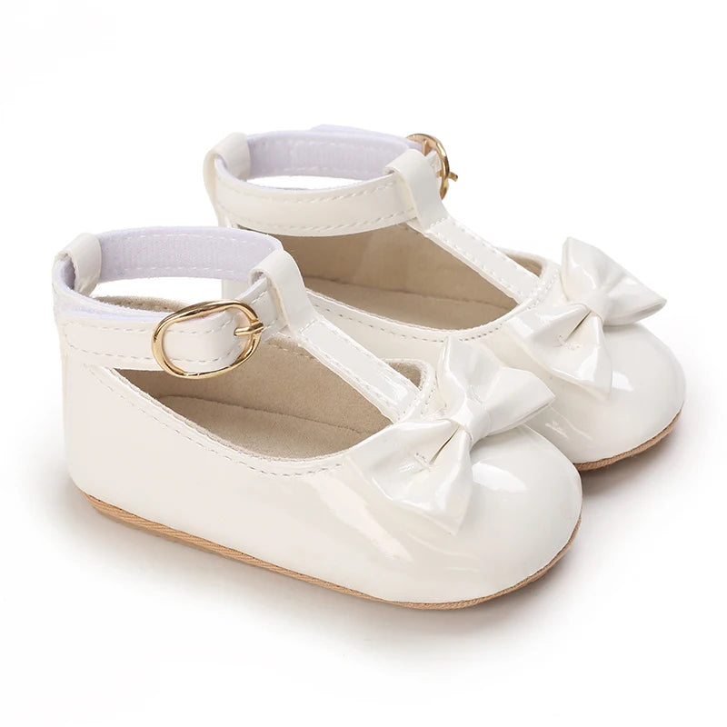 Solid Color PU Leather Bowknot Princess Shoes, Baby Learning Walk Shoes Prewalkers for Newborn  Girls 0-18M