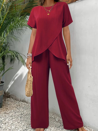 Summer Casual Short Suit Women Fashion Round Neck Short Sleeve Irregular Tops Elastic Waist Shorts 2 Piece Sets Womens Outfits