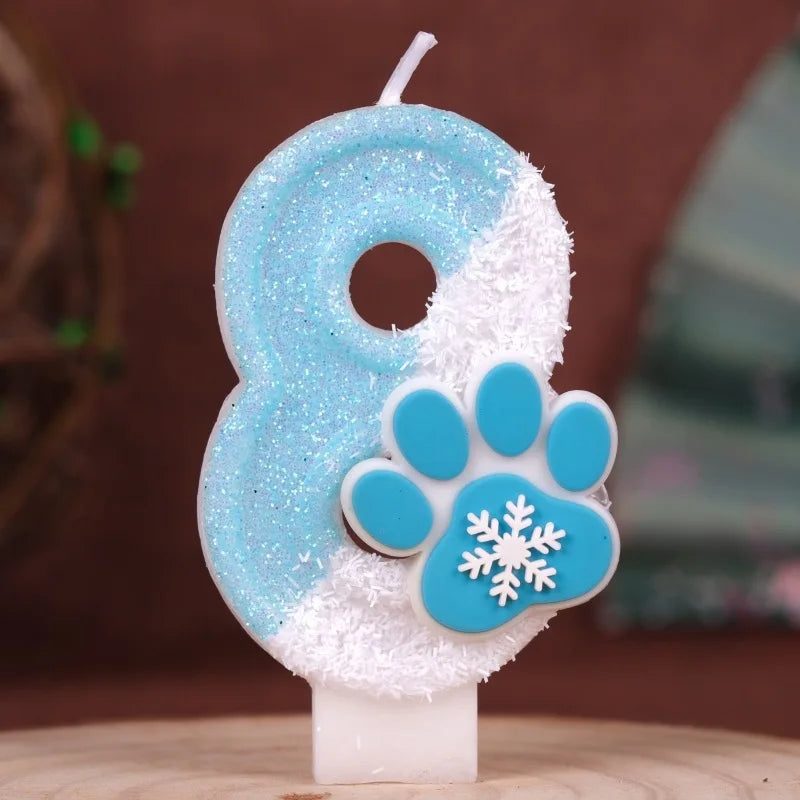 Cat Paw Theme 0‑9 Number Birthday Candle Blue White Glitter Cake Topper With Snowflake Cat Paw Ornament Cake Decoration Supplies