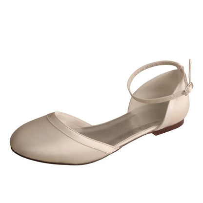 Customized Heel Ivory Satin Flat Bridal Wedding Shoes Rubber Sole Closed Toe Dance Shoes Flat with Ankle Strap