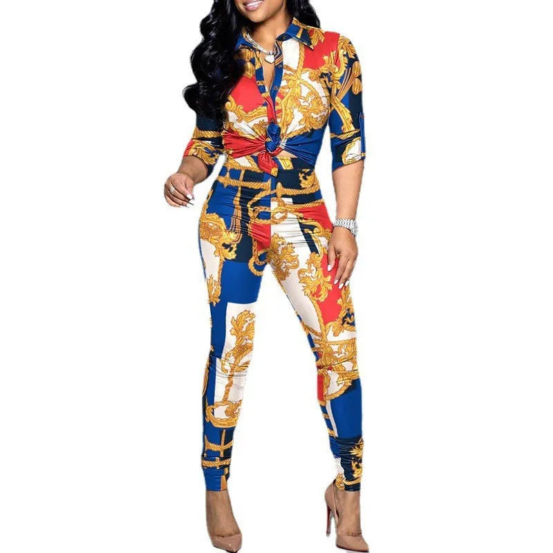 Women's Spring Summer New Set Fashion Color Blocked Printed Long Sleeve Collar Single Breasted Shirt Casual Pants Two Piece Set