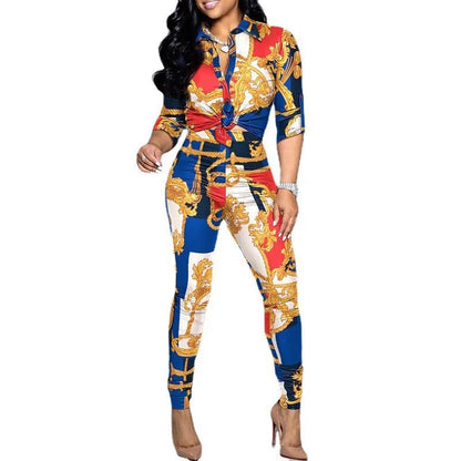 Women's Spring Summer New Set Fashion Color Blocked Printed Long Sleeve Collar Single Breasted Shirt Casual Pants Two Piece Set