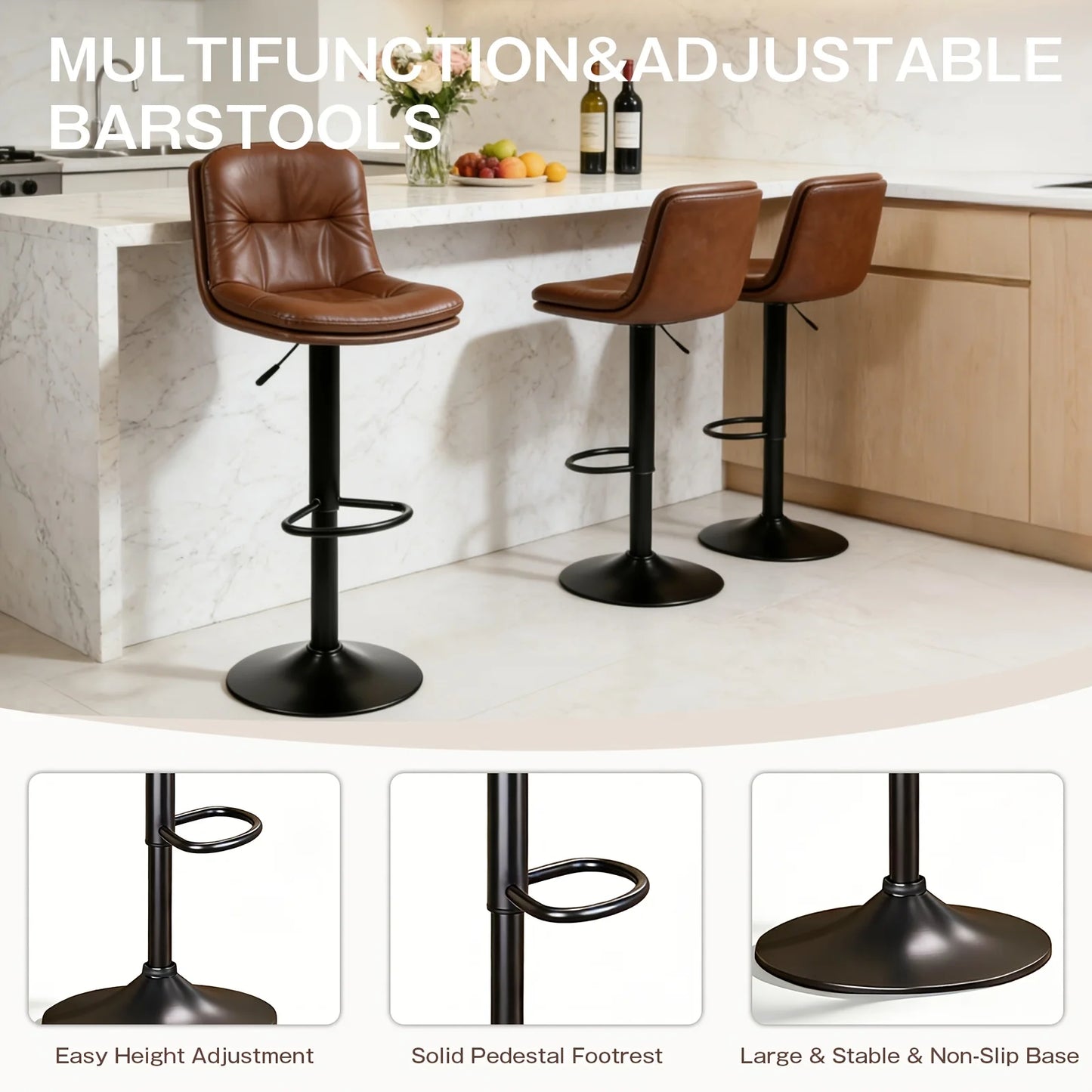 Adjustable Height Counter Height Bar Stools Set of 2,360 Swivel PU Leather Bar Chairs with Backrest Padded Seat Footrest for Kitchen Island Home Bar Restaurant