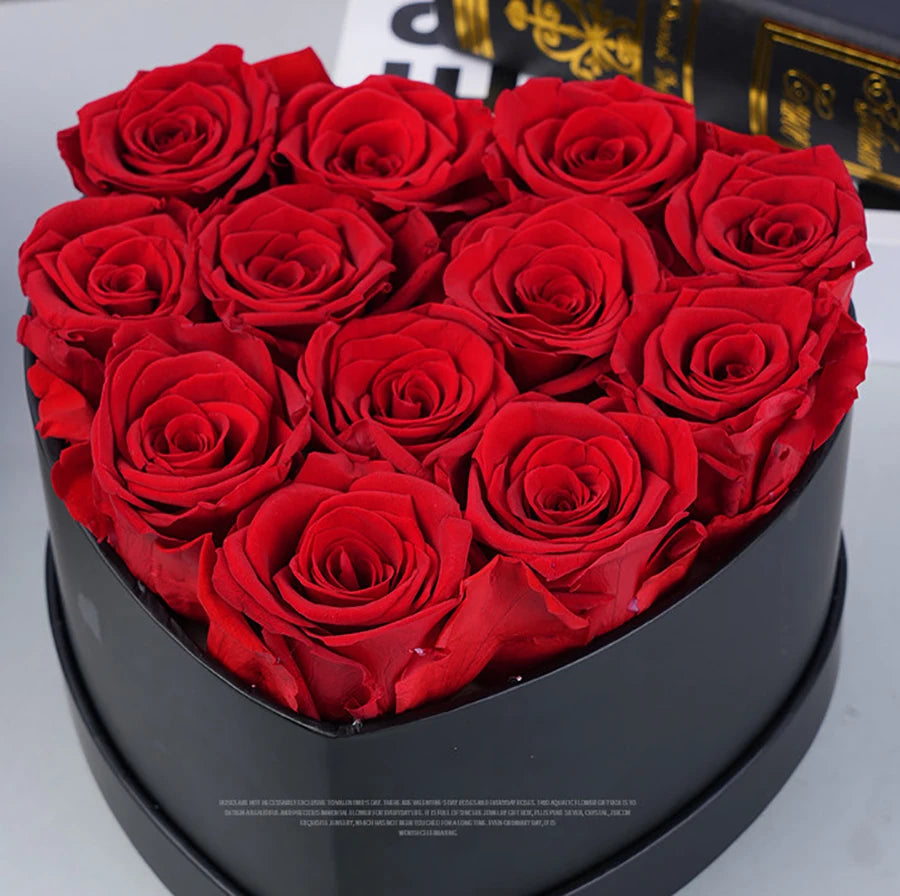 12-13PCS Peserved Roses in Heart Shape Box 100% Natural Long Last Real Eternal Real Rose Mothers Valentines Day Gifts Home Decor