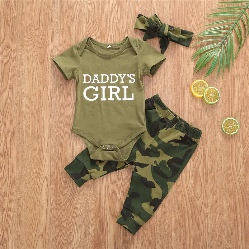 0-24months Baby 3pcs Outfits Short Sleeve Romper Tops Long Pants Hat/Headband Outfit For Infant Boys And Girls Camouflage Set