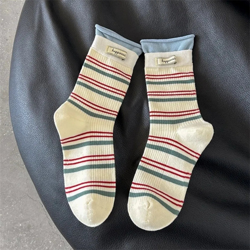 Fake Two-Piece Design Crew Socks Soft Knit Texture Mid-Calf Length Mid-Calf Socks Striped Pattern Striped Socks For Women