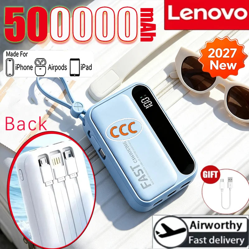 Lenovo CCC 500000mAh 4 Cables High Capacity Mini Power Bank Fast Charging Portable External Battery Supply New For iPhone Xiaomi