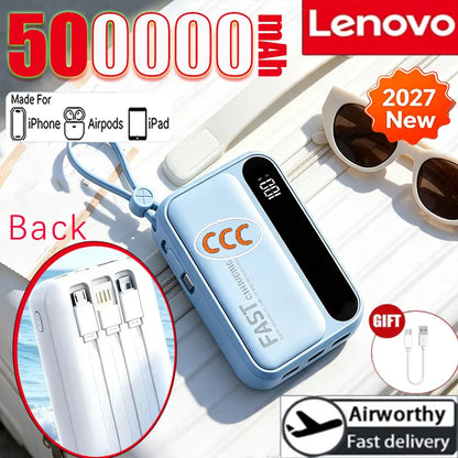 Lenovo CCC 500000mAh 4 Cables High Capacity Mini Power Bank Fast Charging Portable External Battery Supply New For iPhone Xiaomi