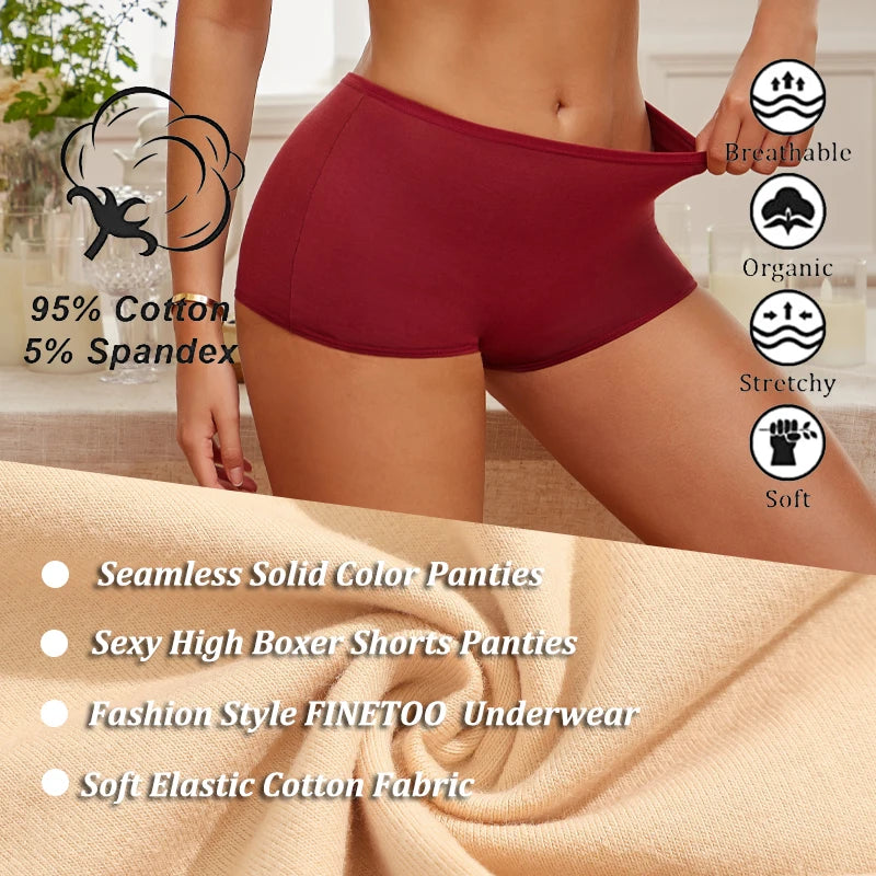 FINETOO 3PCS Women Seamless Cotton Boxer Short Solid Color High Rise Elastic Underwear Female Breathable Boyshorts Sexy Lingerie