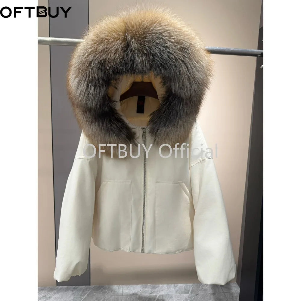 OFTBUY Real Fox Fur Collar Goose Down Jacket Women Cropped Hooded Coat Winter Warm Zipper Natural Fox Fur Thick Outerwear