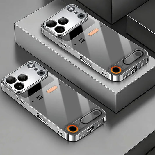 Minimalist Gaming Console Pattern Glass Phone Case For iPhone 11 12 13 14 15 16 17 Pro Max Plus 17 Air Electroplate Silver Cover