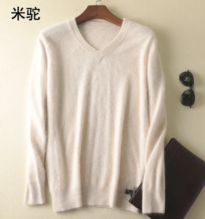 LHZSYY Men's 100% Mink Cashmere Large Size Sweaters Autumn Winter Solid V-neck Casual Knit Pullovers Men Long Sleeve Warm Jumper