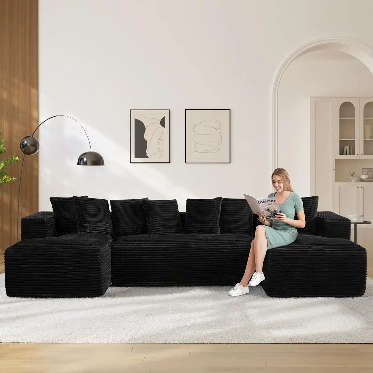 131" Oversized Cloud Boneless Couch Sofa with Chaise, Black, Custom