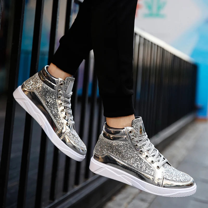 Men's Glitter High Top Sneakers Shiny Party Stage Shoes Casual Fashion Footwear Tênis Alto Brilhante Zapatillas Altas Brillantes