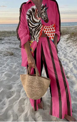 Summer Casual Shirts Two Piece Outfits 2 Pieces Set For Woman New In Matching Sets Blouse For Woman Temperament Vacation Printed