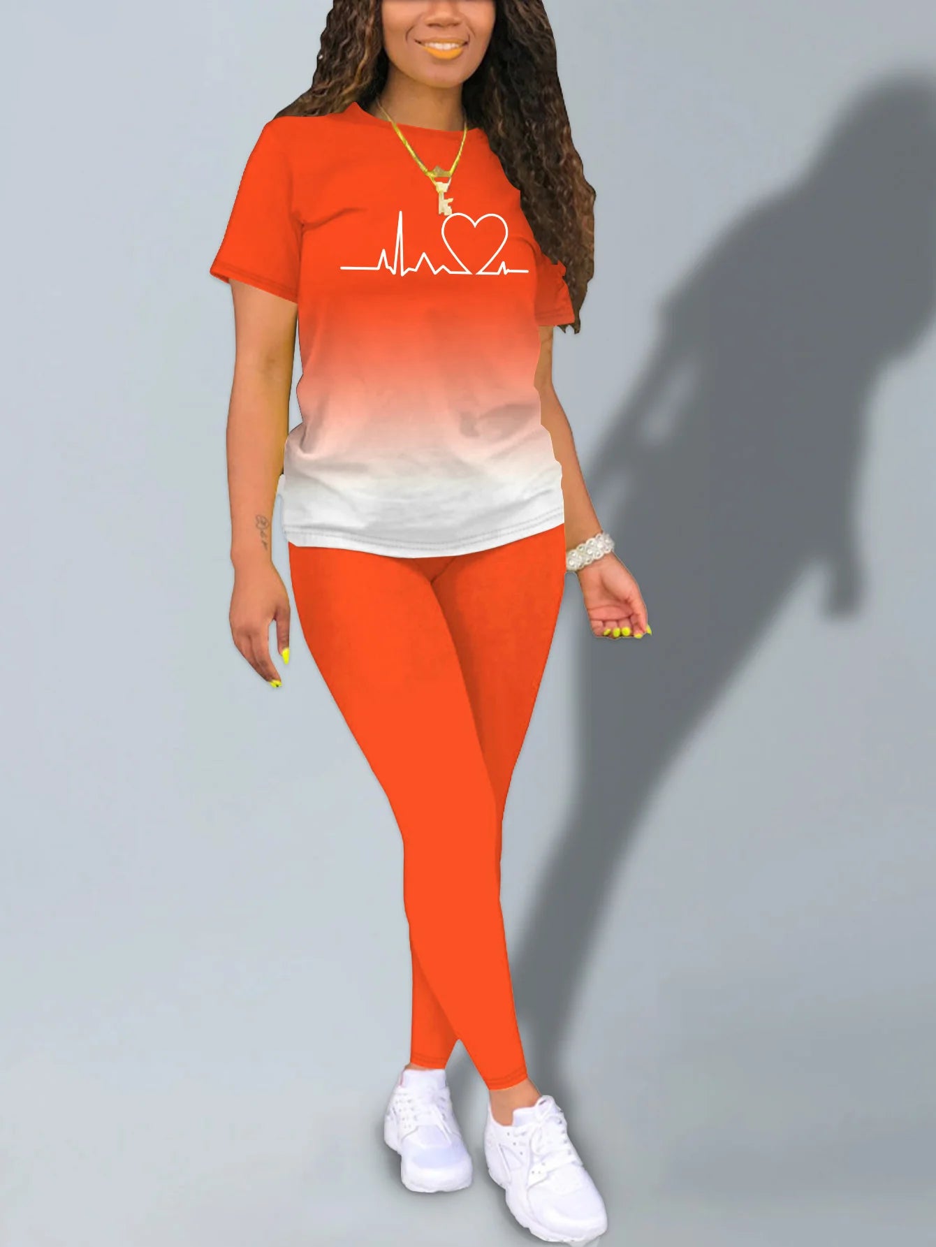 Women's Heart Print Gradient Casual Summer Outfit Set Comfortable Fashionable Trendy Ensemble for Warm Weather