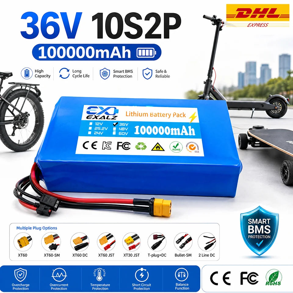 36V Hoverboard Scooter Battery 10S2P 100Ah 18650 Rechargeable Lithium Pack for Skateboard Ultra Thin BMS XT60 Plug
