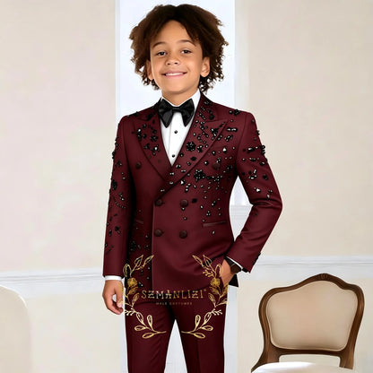 Fashion Burgundy Boy Suit Crystals Wedding Tuxedo Double Breasted Formal Child 2 Pieces Blazer Pants costume enfant garçon