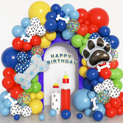 Paw Balloons Garland Arch Kit with Dog Bone Blue Yellow Red Green Balloons for Patrol Themed Animal Birthday Party Decorations